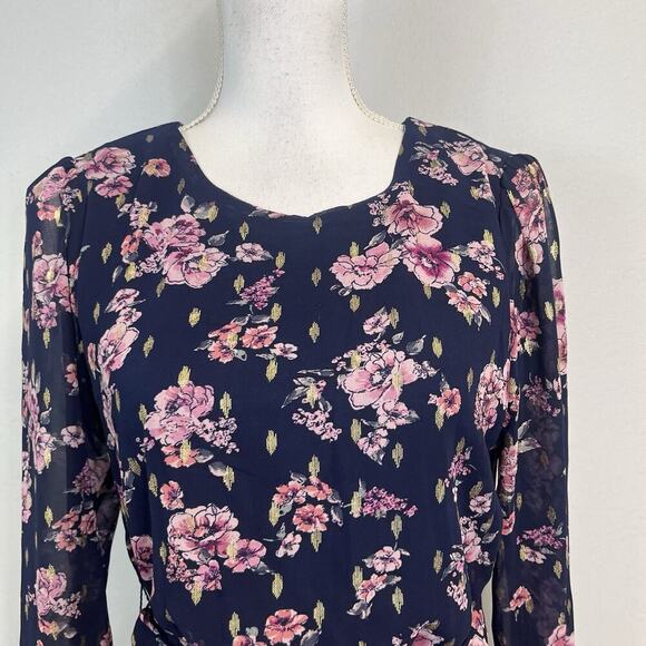 City Studio Dress size Small Navy Blue Pink Gold Floral Sheer Ruffles Wedding - Picture 3 of 11